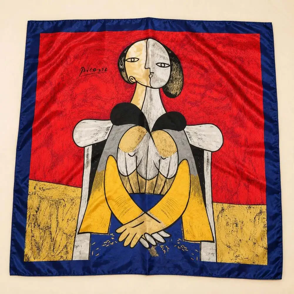 VTG Picasso Inspired Art Print Silk Scarf | Blue Red Square Scarf Wrap